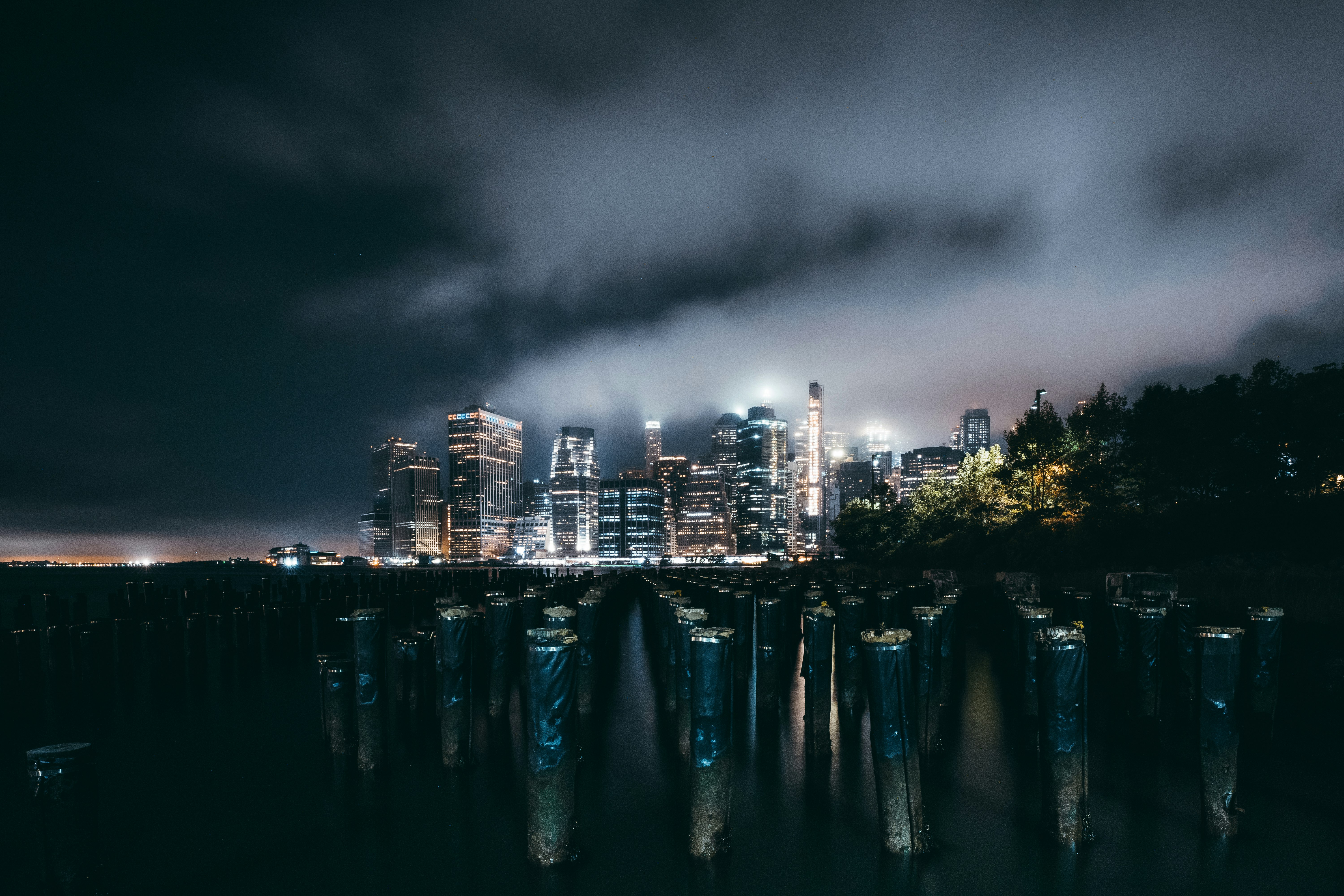 city skyline during night time